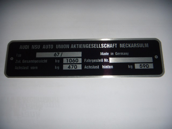 NSU Type 67 nameplate with specification