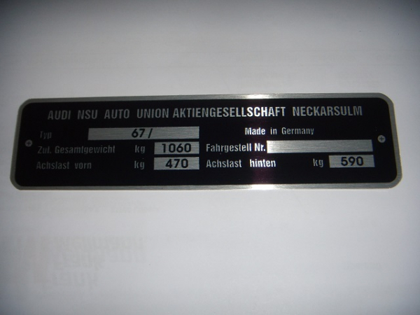 NSU Typenschild Wankel Spider mit Spezifikation