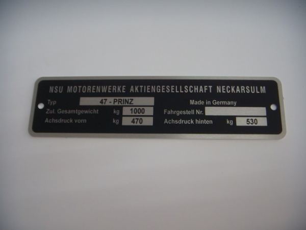 NSU Prinz 4 nameplate with specification