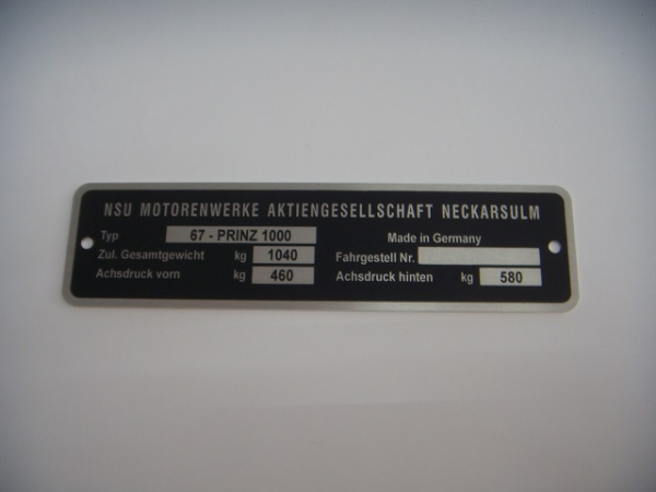 NSU Typenschild Prinz 1000 mit Spezifikation